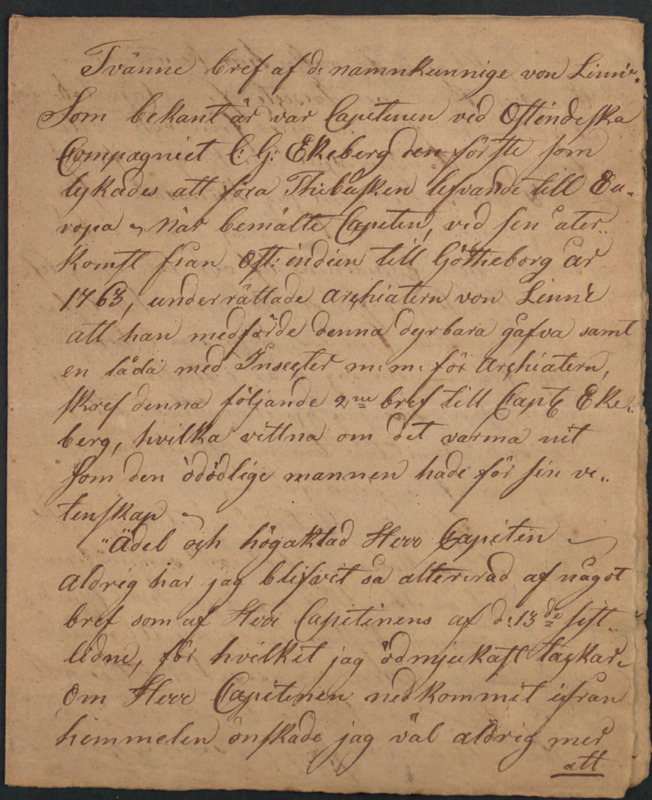 Thumbnail - Brev från Carl von Linné till kapten C.G. Ekeberg