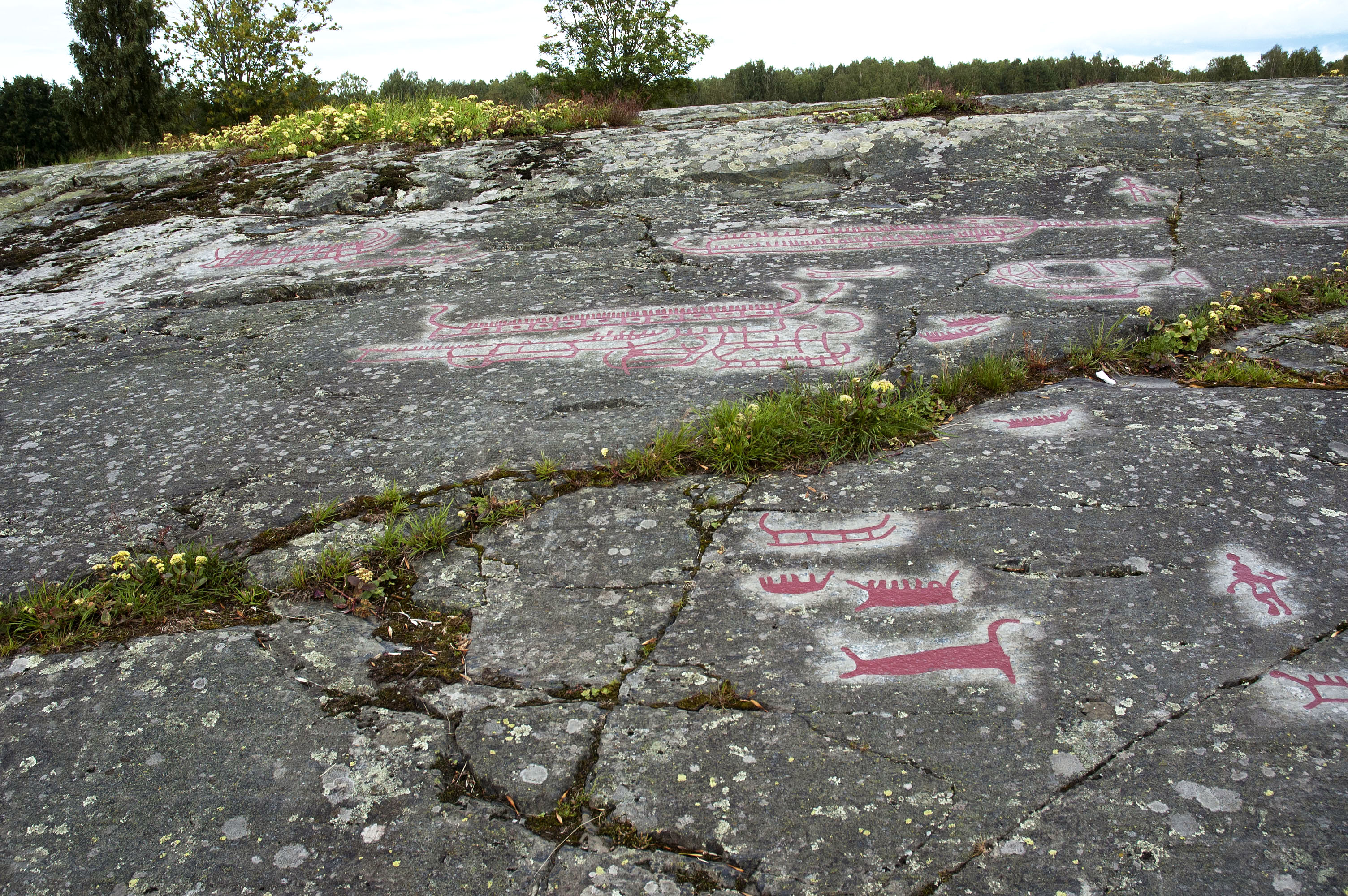 Ospecificerad skepp, Ospecificerat djur, Ospecificerad människa, Detalj, Målad, Hällristningsmiljö, Skålgropar älvkvarnar